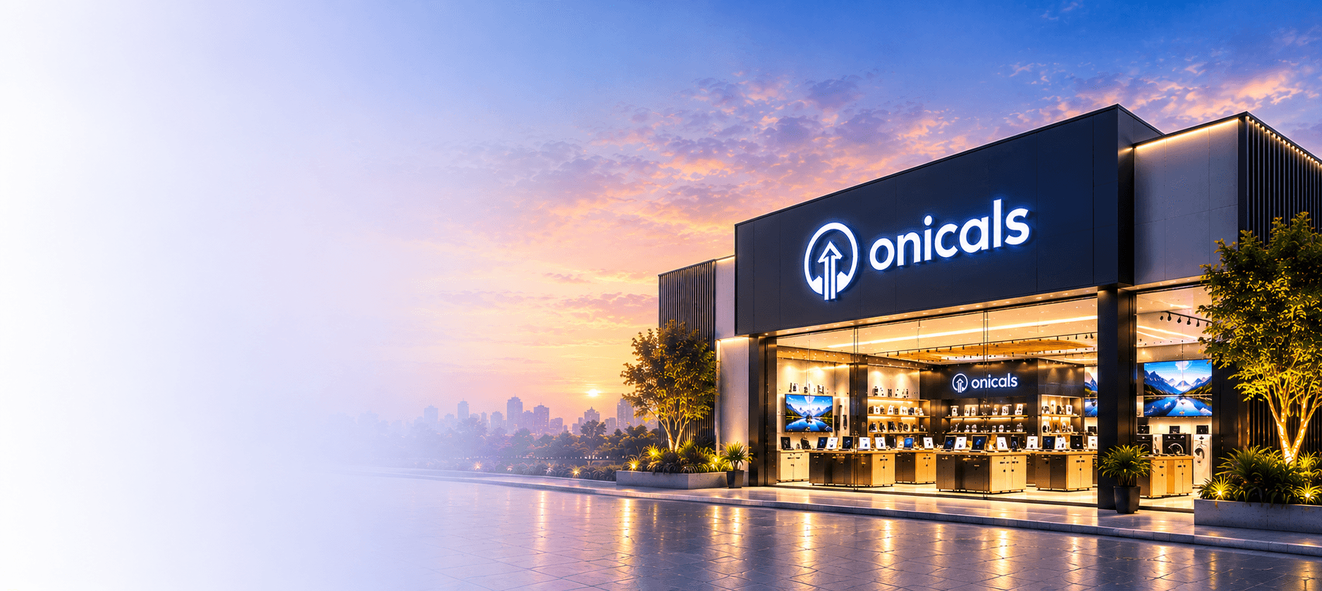 Onicals storefront at sunset